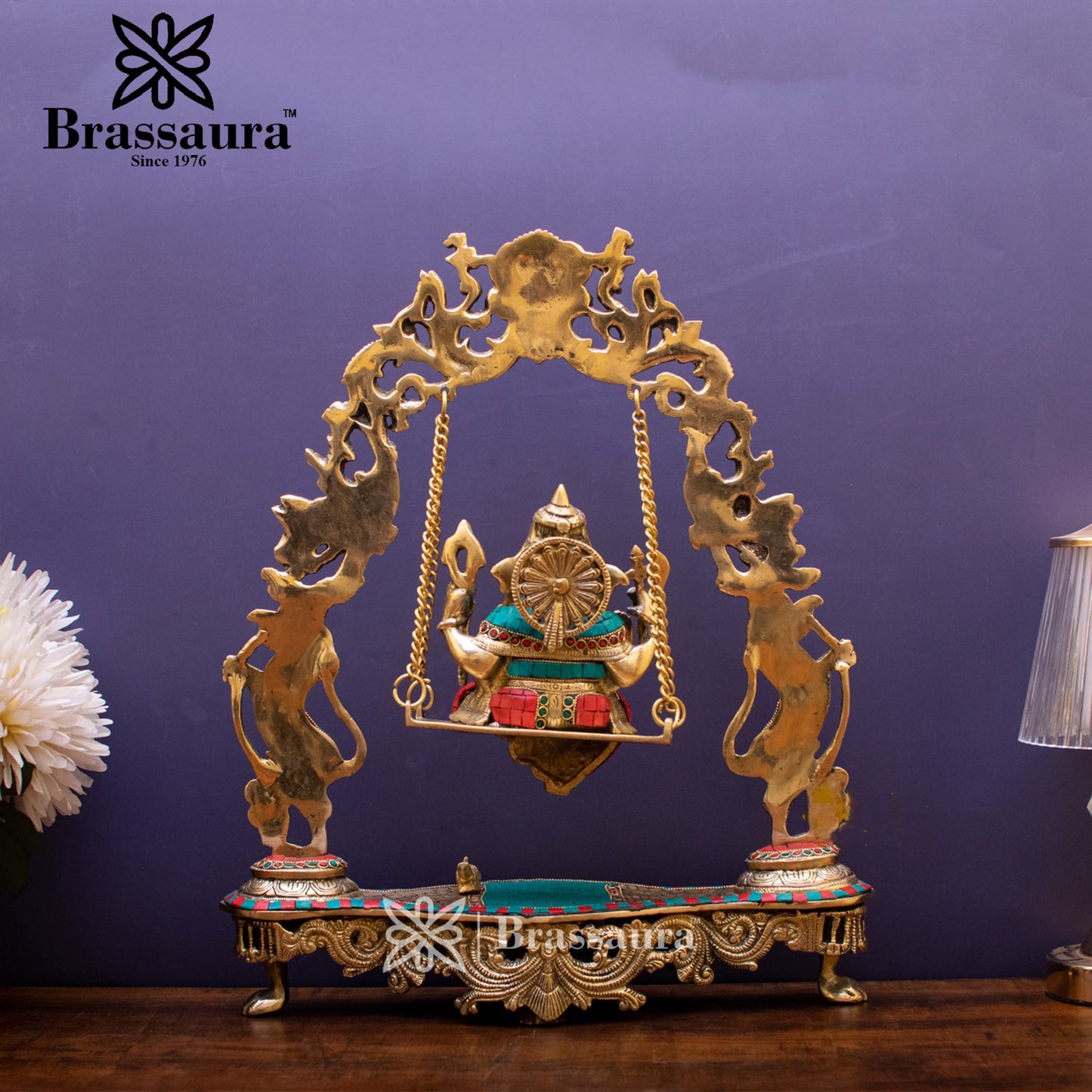 Brassaura™ Brass Gem Stone Work Ganesha Jhula Idol for Home and Decor | Weight 7.2 Kgs | Height 17.5 Inches