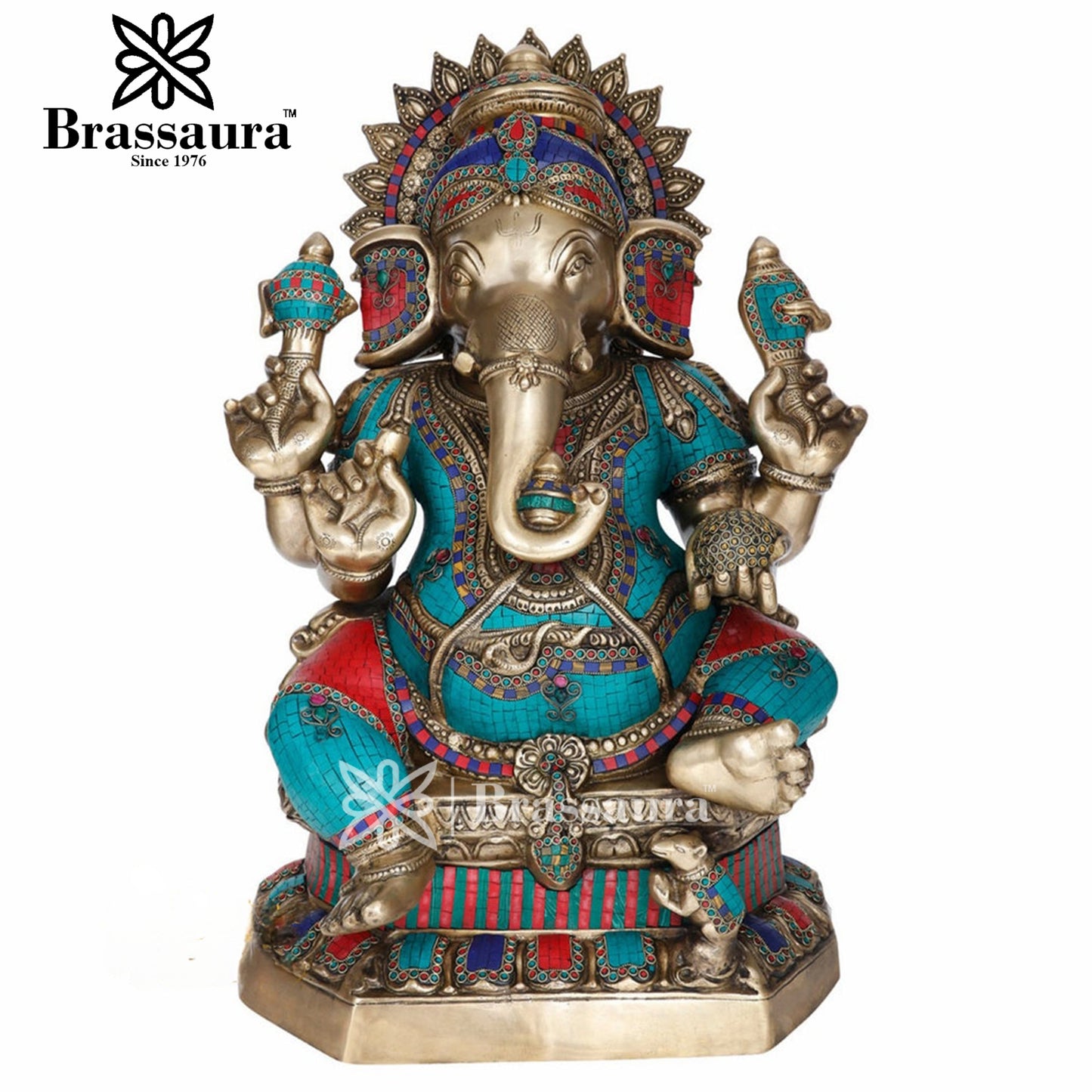 Brassaura™ Brass Gem Stone Work Ganesha Statue for Home Décor & Gift | Weight 45 Kgs | Height 35 Inches