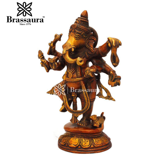 Brassaura™ Brass Dancing Ganesha Idol for Home and Decor | Weight 2.4 Kgs | Height 9 Inches | Multi-Coloured
