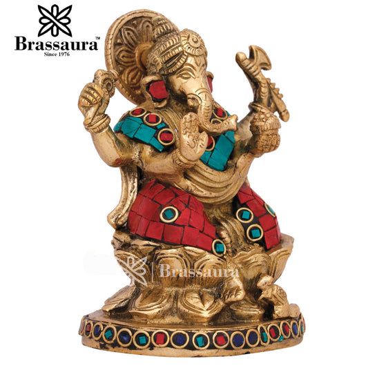 Brassaura™ Brass Gem Stone Work Ganesha Idol for Home Décor | Weight 1 Kgs | Height 5 Inches