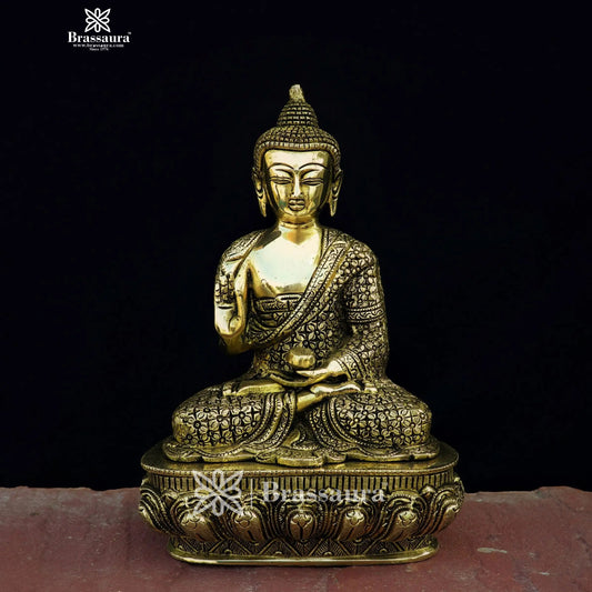 Brassaura® Charcoal and Golden Brass Meditative Buddha | Pure Superfine Brass Handcrafted Murti | Brass Statue for Home Temple, Pooja Room | Height 10 Inches | Weight 3.55 Kg
