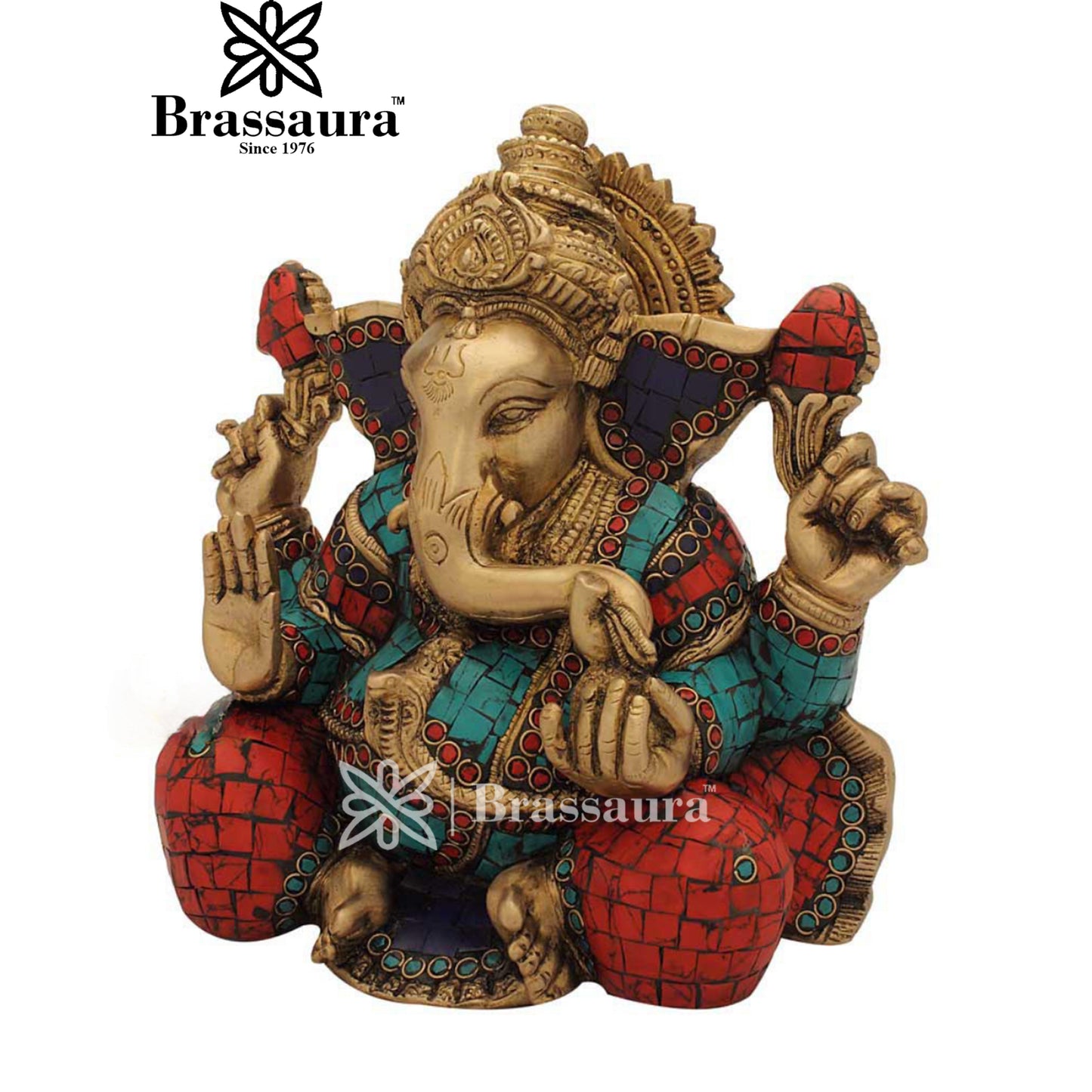 Brass Gem Stone Work Ganesha Statue For Home Decor Weight 5.4 Kg And Height 9 Inch