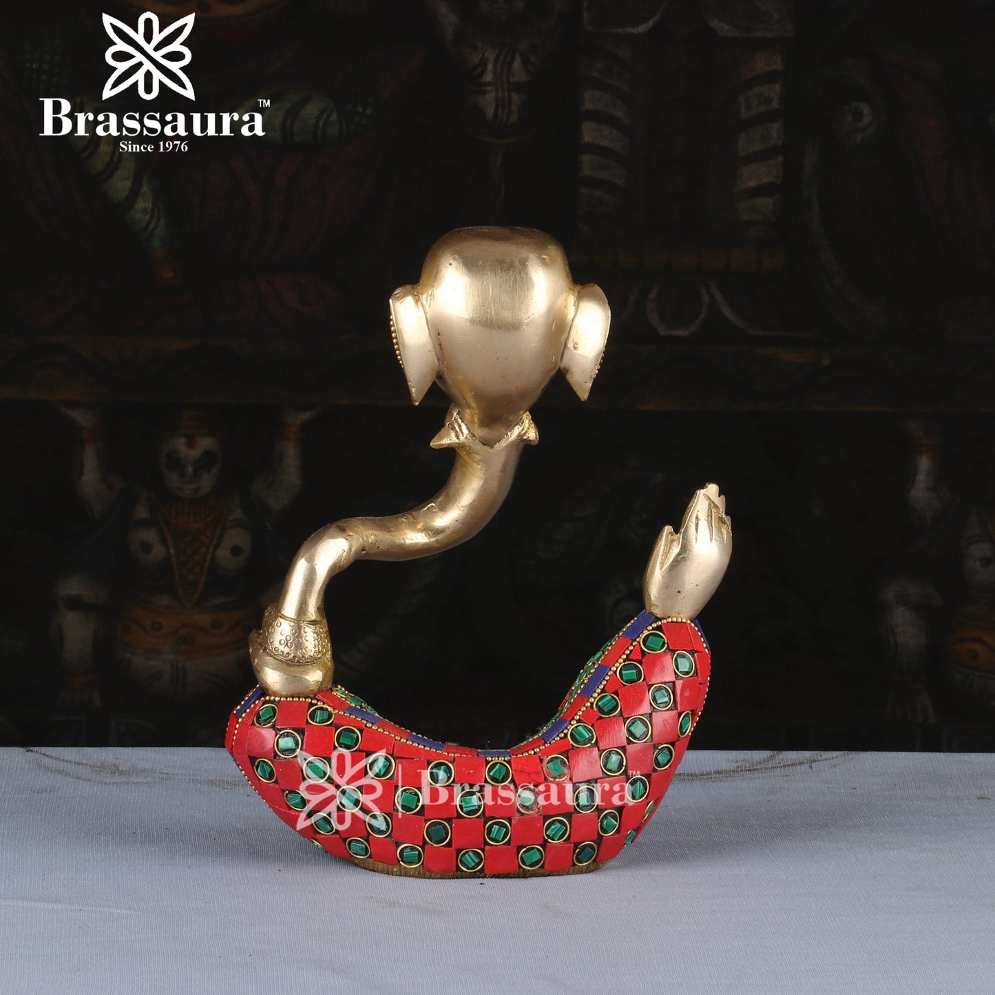 Brassaura™ Brass Gem Stone Work Modern Ganesha Idol for Home and Decor | Weight 2.2 Kgs | Height 7.87 Inches