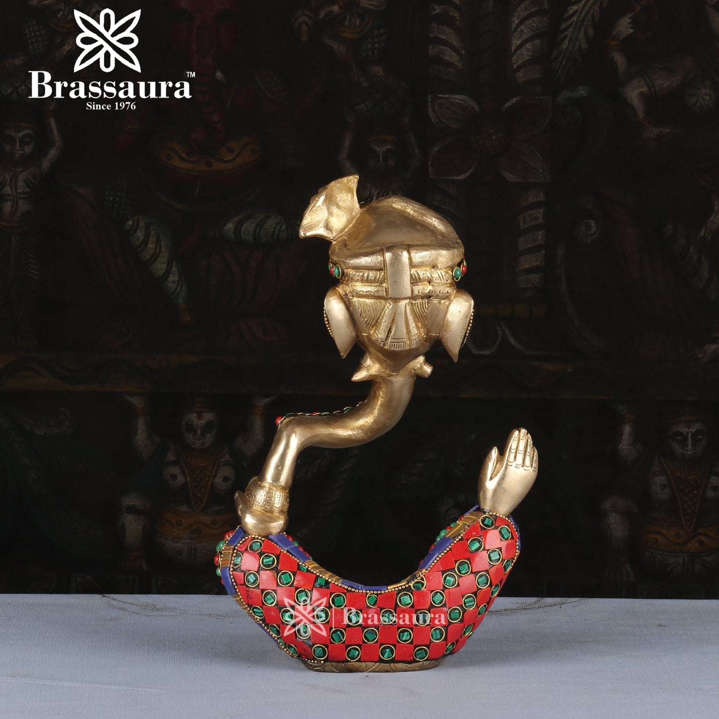 Brassaura™ Brass Gem Stone Work Modern Ganesha Idol for Home and Decor | Weight 2.95 Kgs | Height 10 Inches