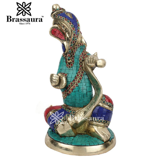 Brassaura™ Brass Ganesha Idol with Gemstone Work | Handcrafted Statue | Height 12 Inches & Weight 4.5 Kgs