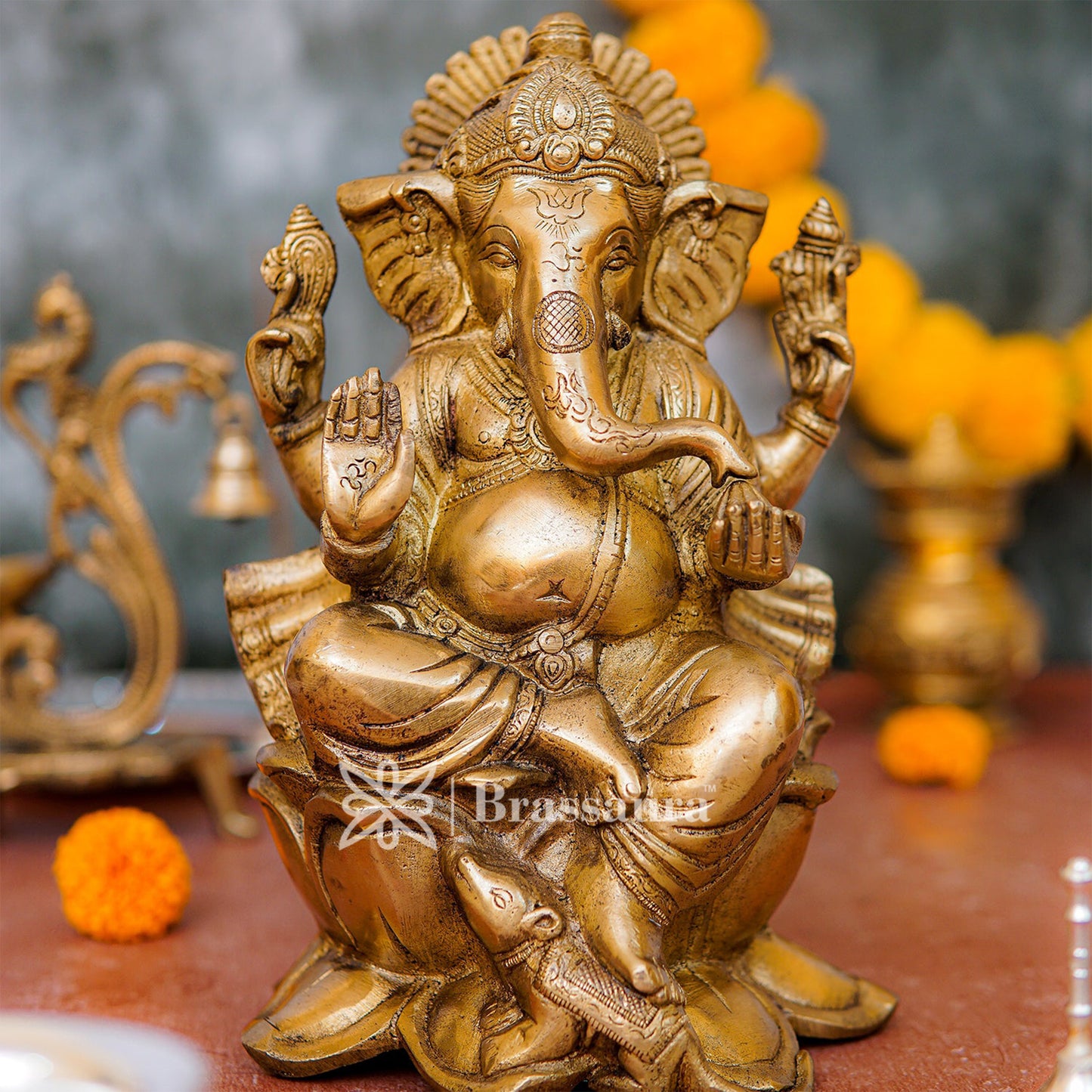 Brassaura™ Brass Lotus Ganesha Idol for Home and Decor | Weight 3.9 Kgs | Height 10 Inches