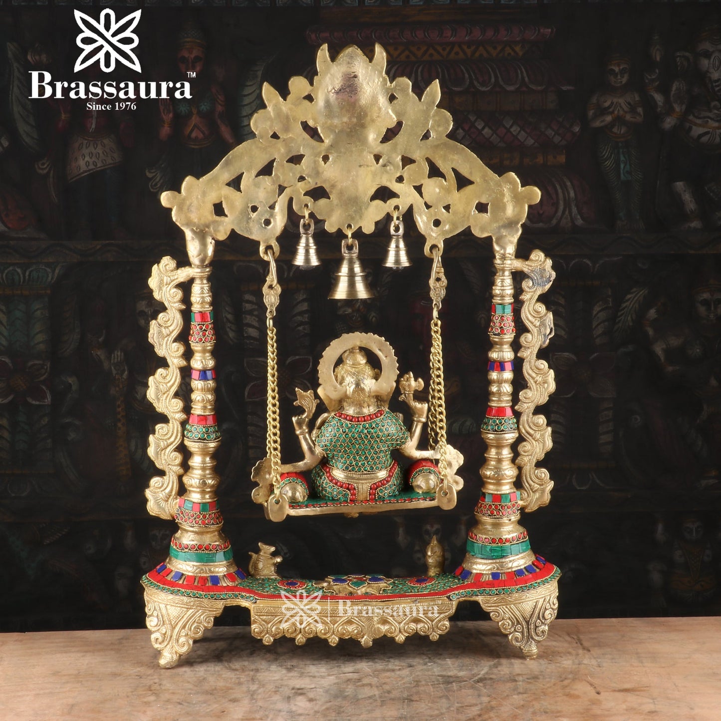Brassaura™ Brass Gem Stone Work Ganesha Jhula Idol for Home and Decor | Weight 17 Kgs | Height 19.68 Inches