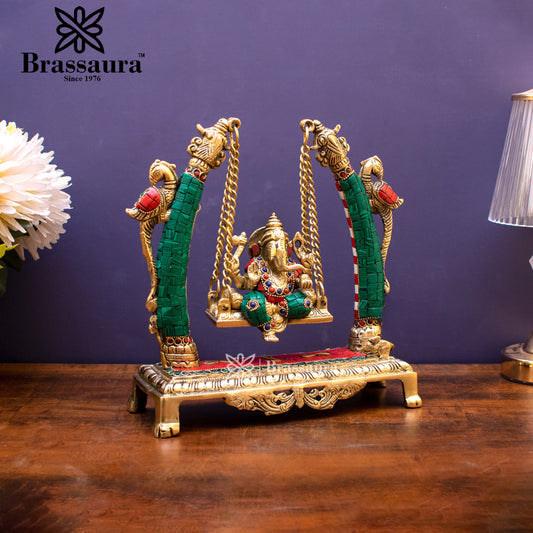 Brassaura™ Brass Gem Stone Work Ganesha Jhula Idol for Home and Decor | Weight 3.37 Kgs | Height 9.5 Inches