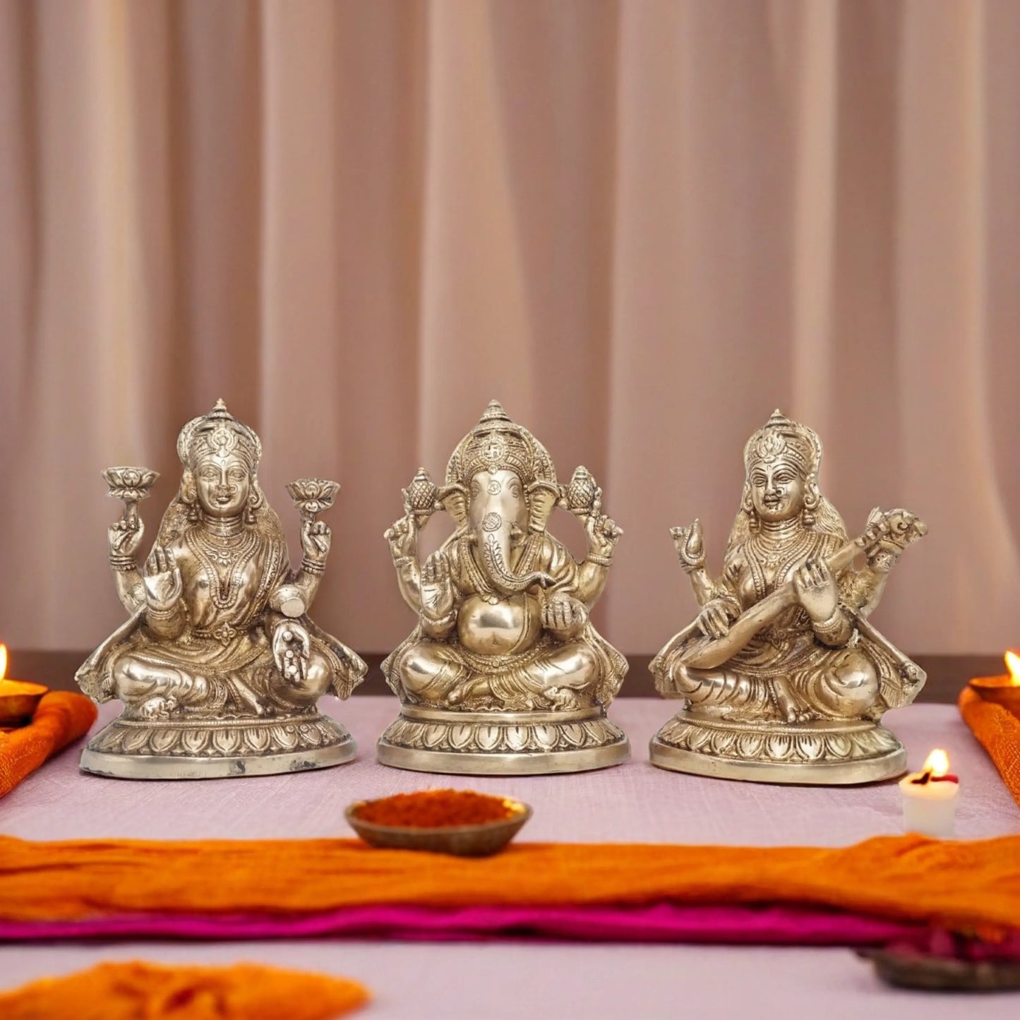 Brassaura™ Elegant Brass Antique Laxmi Ganesha Saraswati Statue – Height 7.5" & Weight 9 Kgs | Temple Décor
