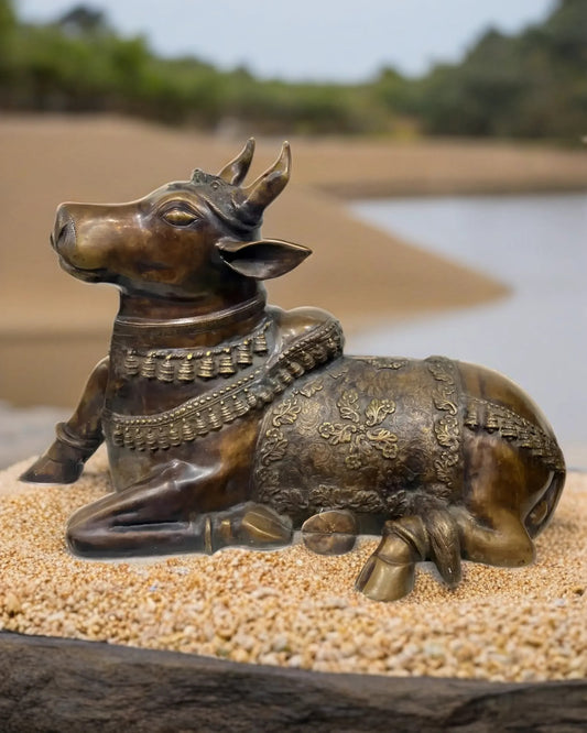 Brassaura® Exquisite Brass Antique Large Nandi Sculpture – Height 21.5 Inches & Weight 30 Kgs | Traditional Décor