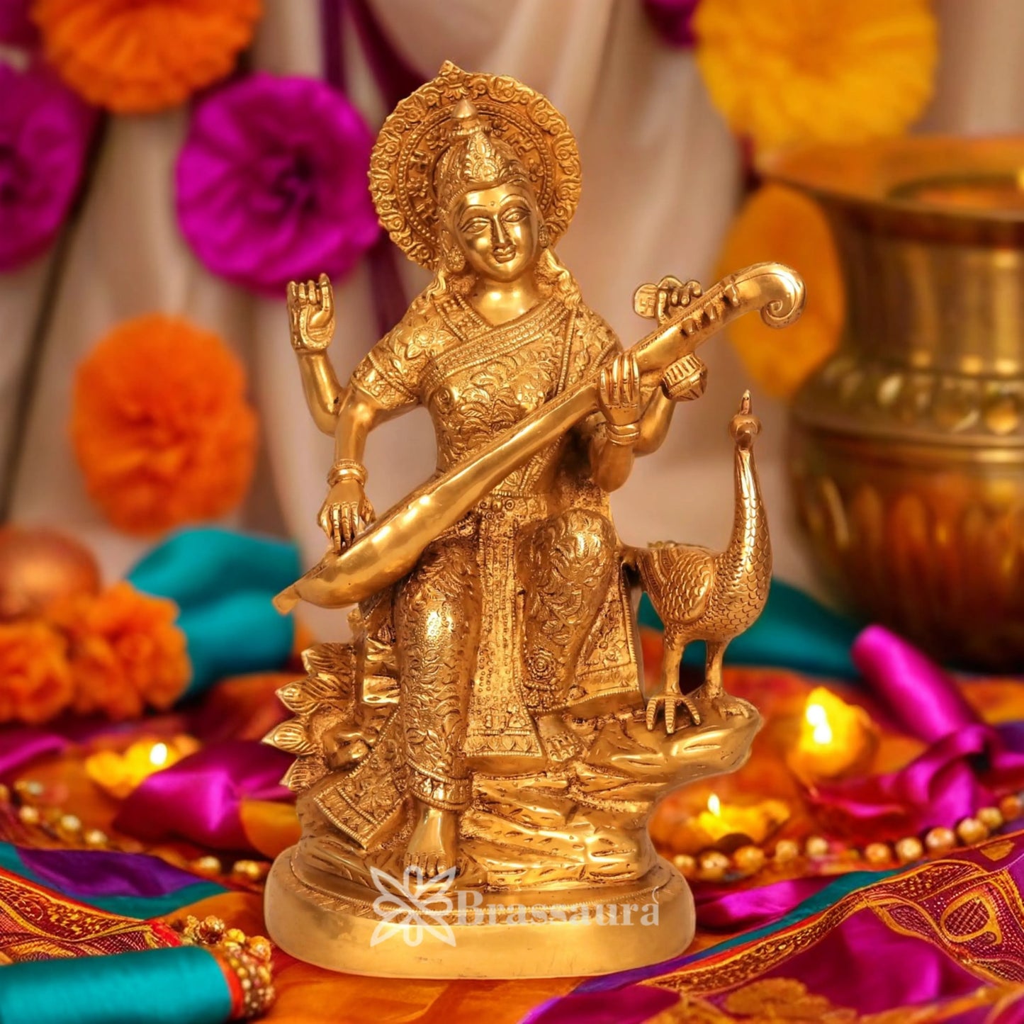 Brassaura™ Brass Goddess Saraswati Murti – Height 14.5 Inches & Weight 10 Kgs | Study Room Idol