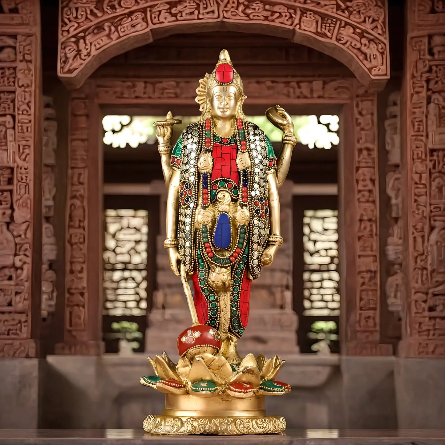 Brassaura™ Handcrafted Pure Brass Lord Vishnu Satya Narayan Idol with Intricate Stonework | 12 Inch Height | 4 KG Weight | Beautifully Adorned