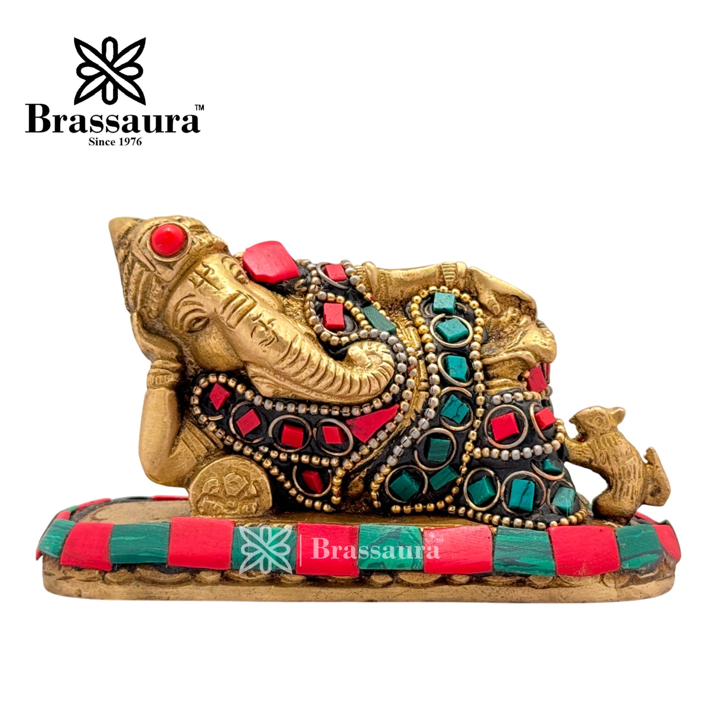 Brassaura™ Brass Gem Stone Work Ganesha Idol for Home and Decor | Weight 0.6 Kgs | Height 2.36 Inches