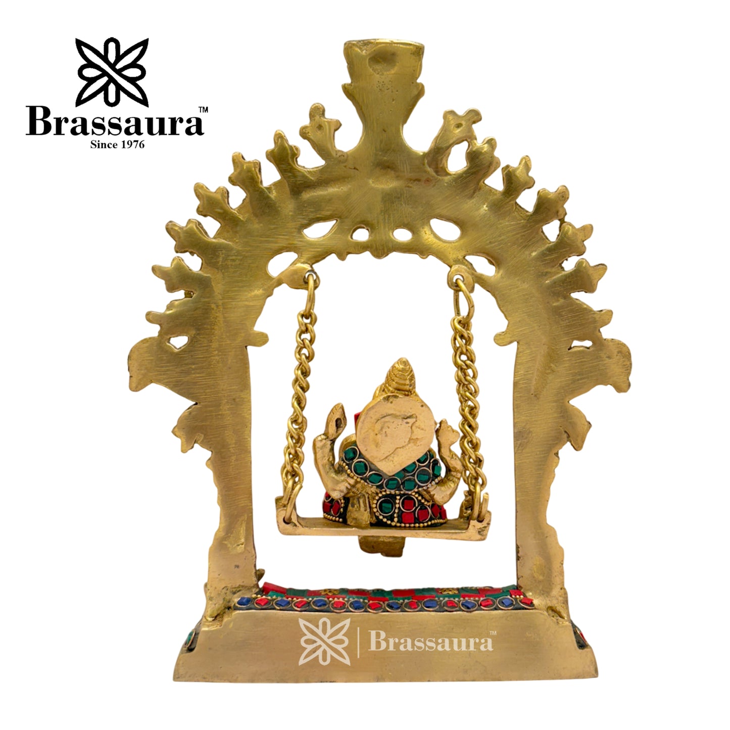 Brassaura™ Brass Gem Stone Work Ganesha Jhula Idol for Home and Decor | Weight 1.6 Kgs | Height 9.84 Inches