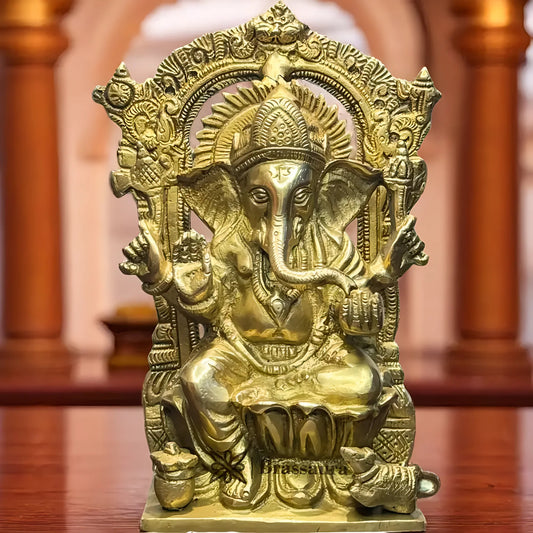 Brassaura™ Brass Golden Ganesha Murti – Height 8.7 inches & Weight 1.9 kgs | Ganpati Ring Idol for Pooja & Home Décor