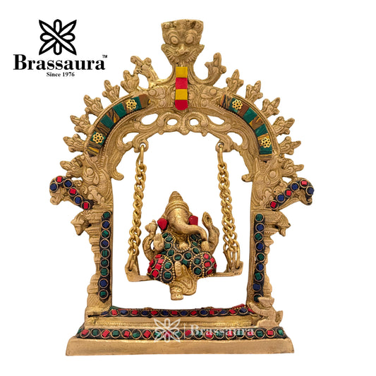 Brassaura™ Brass Gem Stone Work Ganesha Jhula Idol for Home and Decor | Weight 1.6 Kgs | Height 9.84 Inches