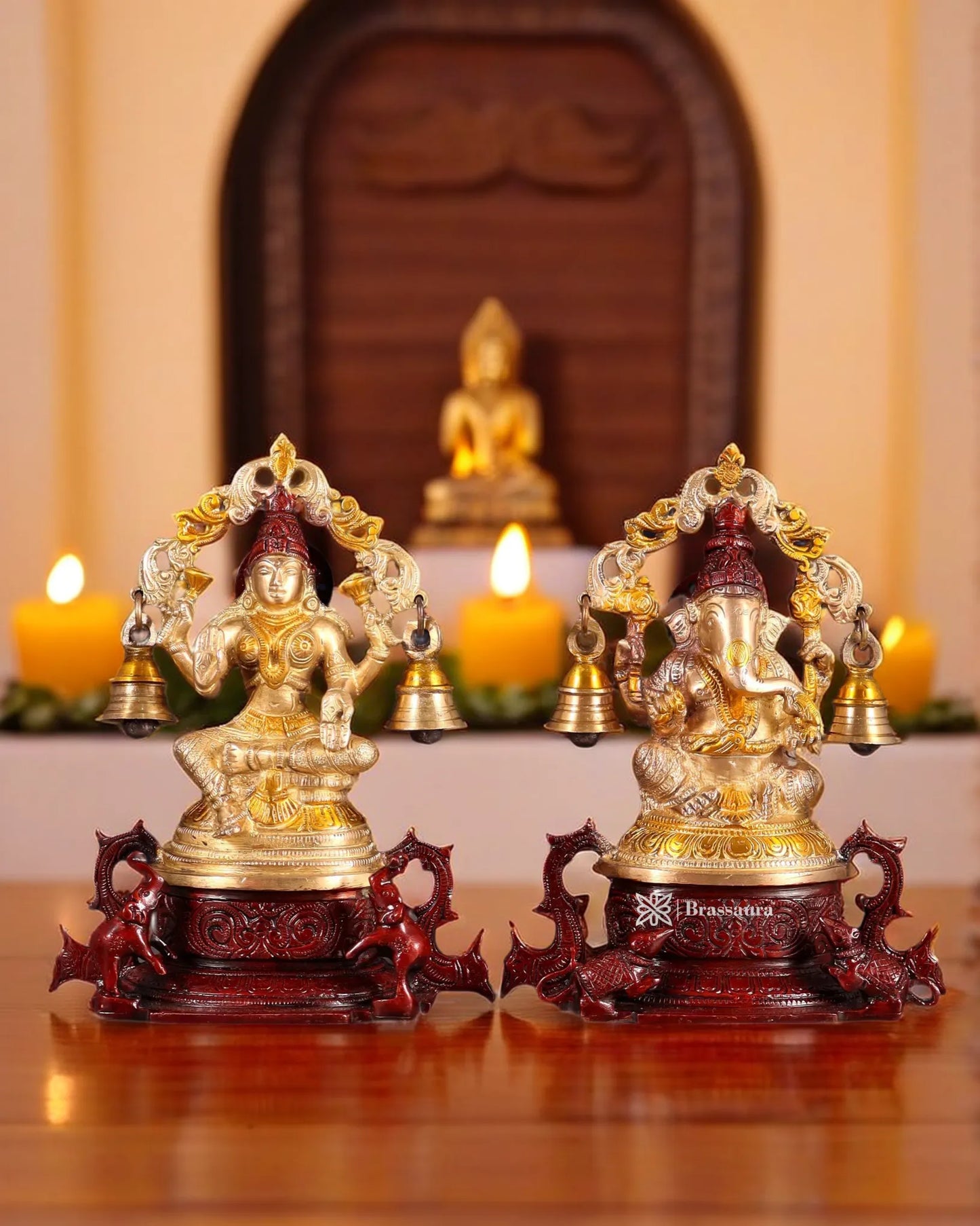 Brassaura™ Handcrafted Brass Laxmi Ganesha Idol – Height 8.2 Inches & Weight 4.34 Kgs | Puja Room Statue