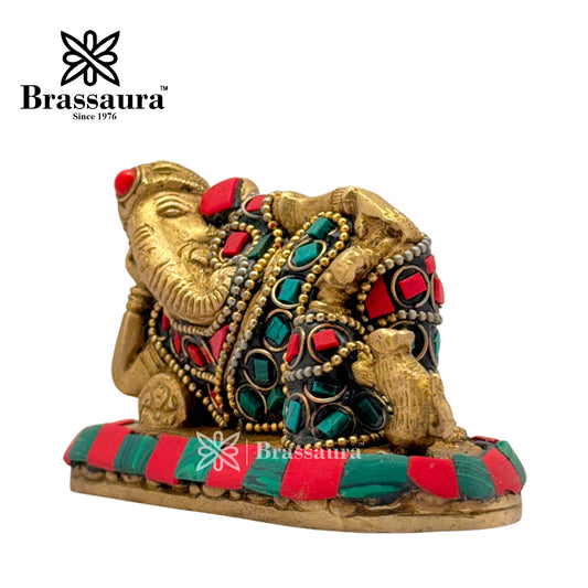 Brassaura™ Brass Gem Stone Work Ganesha Idol for Home and Decor | Weight 0.6 Kgs | Height 2.36 Inches