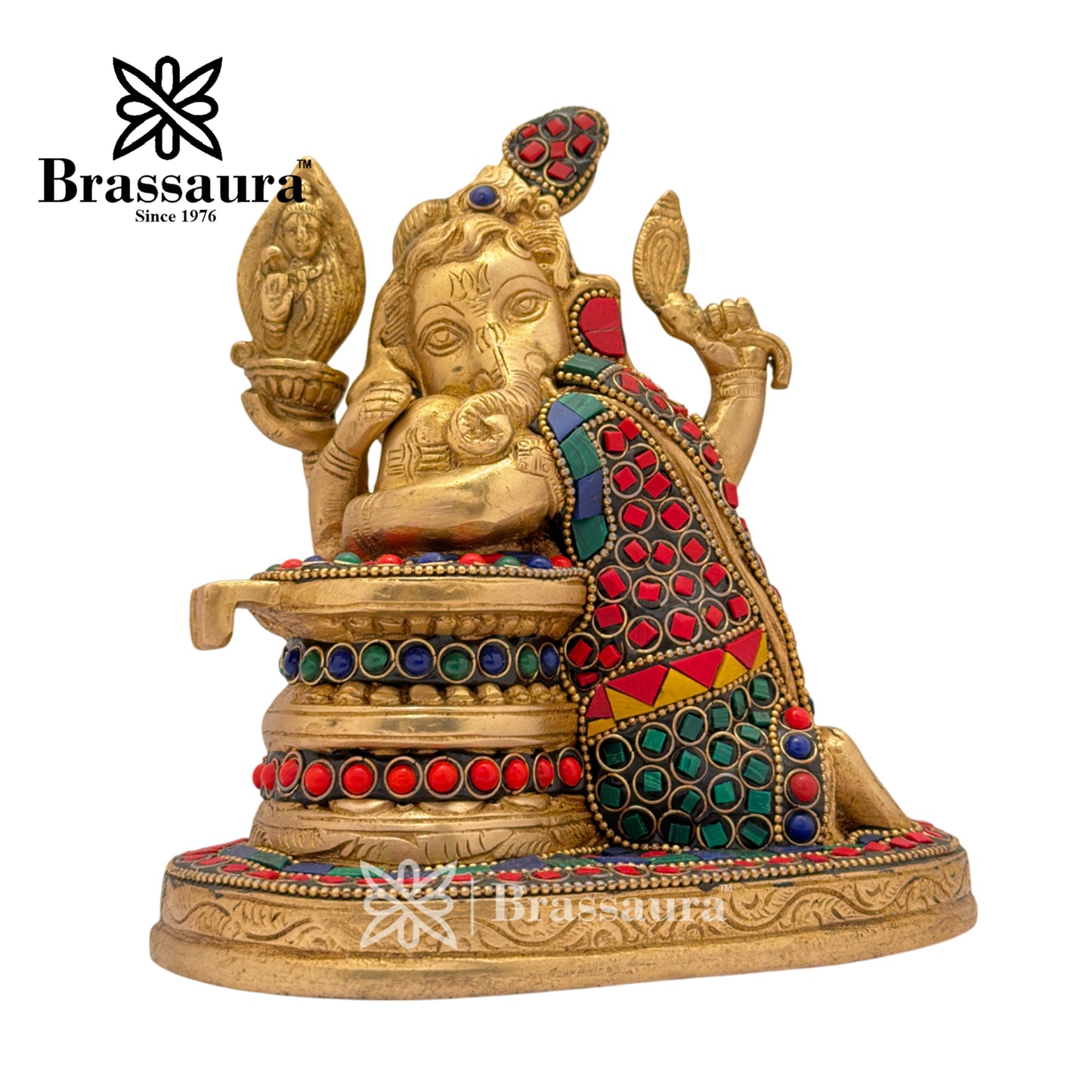 Brassaura™ Brass Gem Stone Work Ganesha with Shivling Idol for Home and Decor | Weight 1.9 Kgs | Height 6.30 Inches