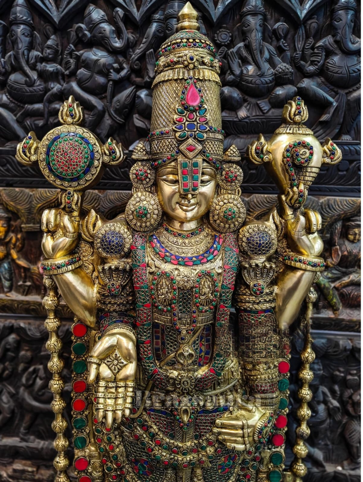 Brassaura™ Pure Brass Tirupati Balaji Idol with Stonework – 48 Inches, 49 Kgs