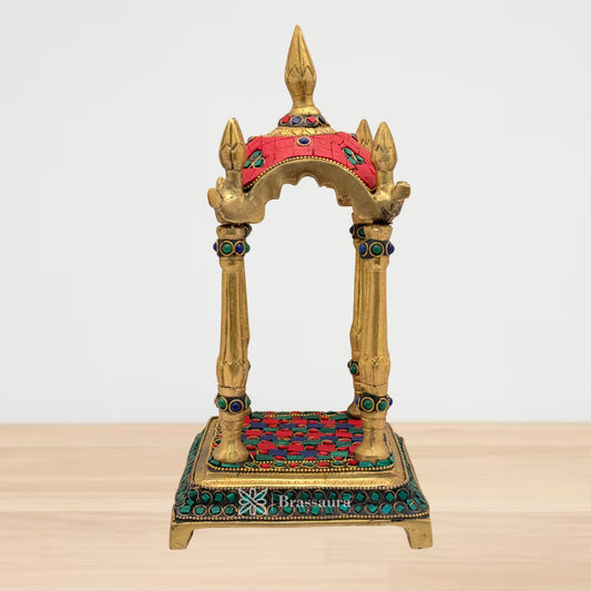 Brassaura™ Brass Gem Stone Work Temple Statue – Height 10.4 Inches & Weight 2.3 Kgs | Handcrafted Temple Sculpture,