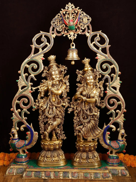 Brassaura™ Brass Radha Krishna Statues with Peacock-Inspired Temple Arch – 45" Height | 67 kg – Majestic Divine Décor
