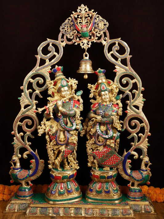 Brassaura™ Brass Radha Krishna Statue with Peacock Temple Arch – 45 Inch Height, 67 Kg | Meenakari Hindu Temple Decor
