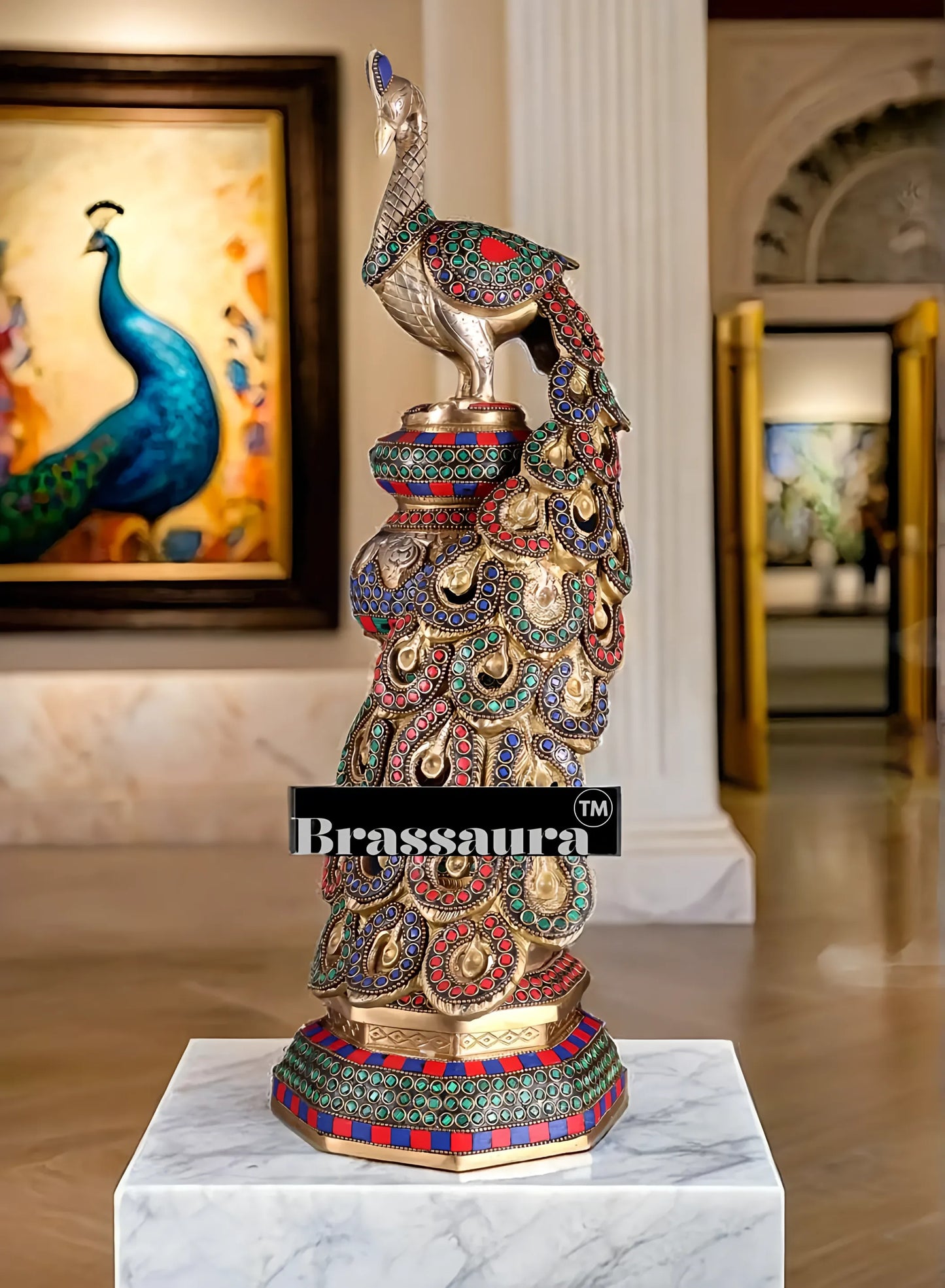 Brassaura™ Brass Large Peacock Showpiece with Meenakari Work – Height 20 Inches & Weight 8.5 Kgs