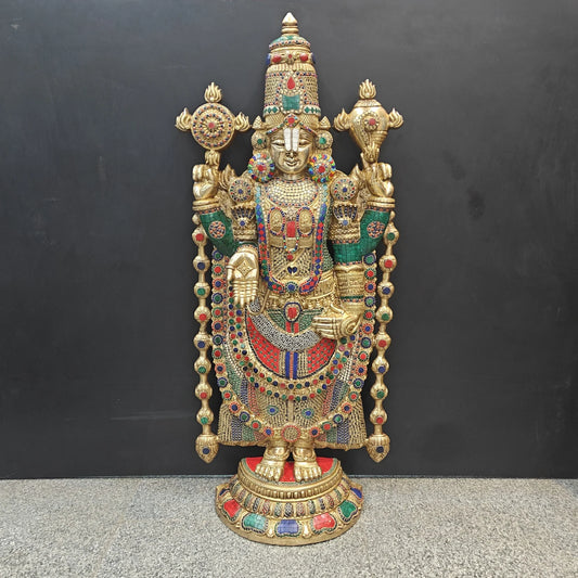Brassaura® Lord Balaji Brass Idol with Semi-Precious Stone Work | Handcrafted Tirupati Venkateswara Statue | Premium Brass Sculpture for Home Temple & Spiritual Décor | Height 48 Inches | 47 Kg