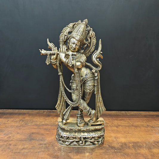 Brassaura® Brass Lord Krishna Idol | Handcrafted Muralidhara Krishna Playing Flute Statue | Premium Brass Home Temple, Living Room & Spiritual Décor | Height 23 Inches | 11.3 Kg