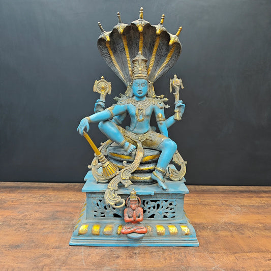 Brassaura® Lord Vishnu on Sheshnag Brass Idol | Handcrafted Pure Brass Vishnu Murti with Sheshnag | Premium Hindu God Statue for Home Temple, Pooja Room & Spiritual Décor | Height 29 Inches | 34 Kg