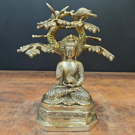 Brassaura® Blessing Buddha Under Bodhi Tree Brass Idol | Premium Solid Brass Buddha Statue | Handcrafted Antique Finish | Buddha Murti for Home Temple, Meditation Room & Spiritual Home Décor | Height 10 Inches | 3.3 Kg
