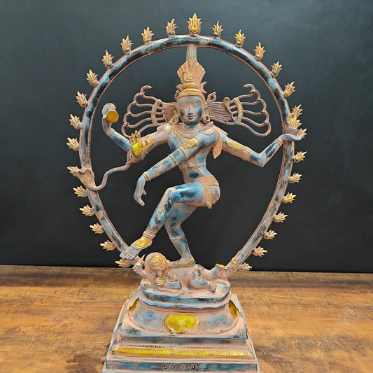 Brassaura® Dancing Lord Vishnu Brass Idol with Prabhamandala | Handcrafted Pure Brass Vishnu Murti | Antique Patina Finish | Hindu God Statue for Home Temple, Pooja Room & Spiritual Décor | Height 31 Inches | 24 Kg
