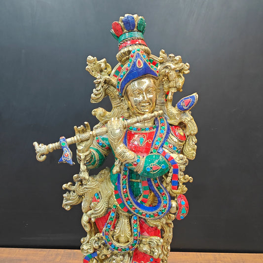 Brassaura® Lord Krishna Playing Flute Brass Idol | Premium Handcrafted Multicolor Brass Murti | Decorative Krishna Statue for Home Temple, Living Room & Spiritual Décor | Height 29 Inches | 16 Kg