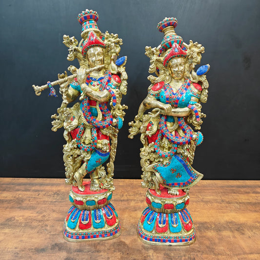 ब्रासोरा® वृंदावन वेणुगोपाल कृष्ण पीतल की प्रतिमा मोर के साथ | एंटीक नीला और सुनहरा रंग | ऊँचाई 20 इंच