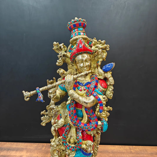 Brassaura® Lord Krishna Playing Flute Brass Idol | Premium Handcrafted Multicolor Brass Murti | Decorative Krishna Statue for Home Temple, Living Room & Spiritual Décor | Height 29 Inches | 16 Kg
