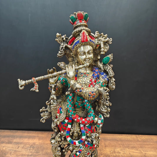 Brassaura® Brass Krishna Statue Playing Flute | Handcrafted Color Stone Work Lord Krishna Murti for Home Temple, Spiritual Décor & Gifting | 29 Inches | 16 Kg