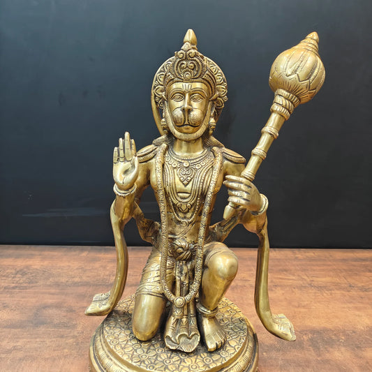 Brassaura® Brass Kneeling Hanuman Statue | Handcrafted Lord Hanuman Idol with Gada for Home Temple, Office & Spiritual Décor | 19 Inches | 15 Kg