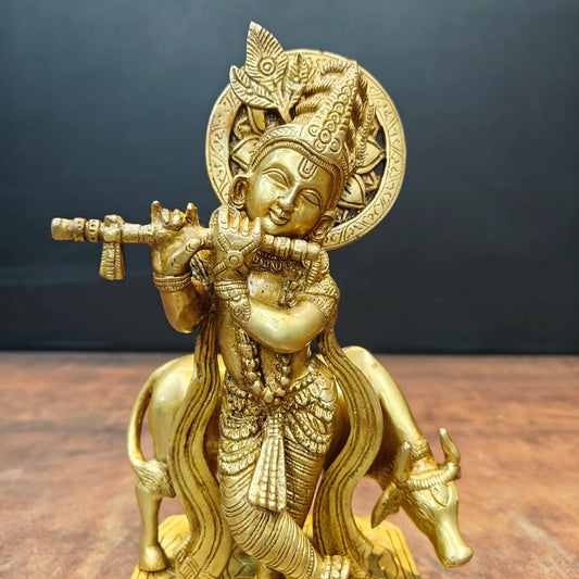 Brassaura® Brass Lord Krishna with Cow Idol | Handcrafted Makhan Chor Krishna Murti Playing Flute | Brass Krishna Statue for Home Temple, Pooja Room & Spiritual Décor | 10.5 Inches | 3.2 Kg