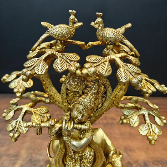 Brassaura® Brass Lord Krishna Playing Flute Under Tree with Cow Statue | Handmade Krishna Idol for Home Temple, Living Room & Spiritual Décor | 14 Inches | 6.5 Kg