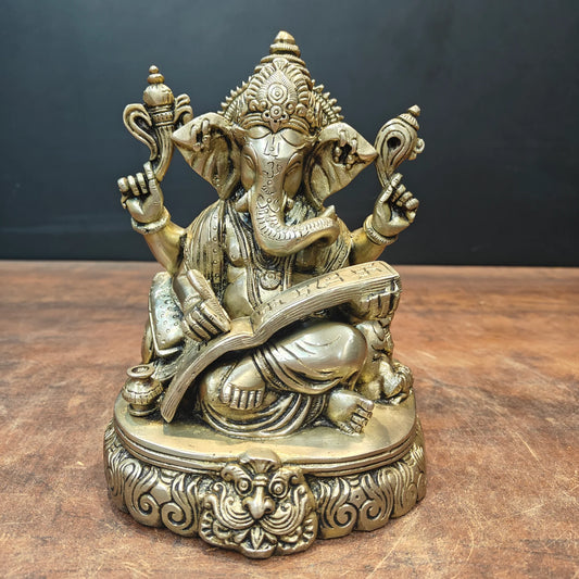 Brassaura® Seated Lord Ganesha Brass Statue | Auspicious Remover of Obstacles | Height 8 Inches & Weight 2.8 Kgs