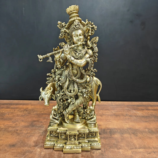 Brassaura® Lord Krishna with Cow Brass Statue | Divine Love & Eternal Harmony | Height 28 Inches & Weight 35 Kgs
