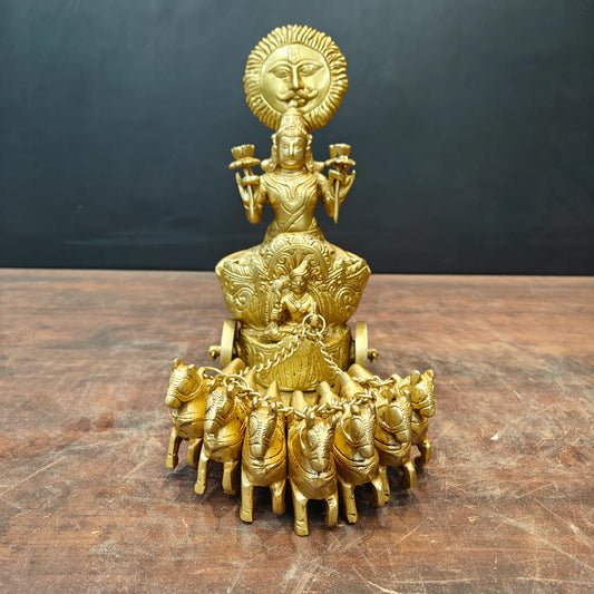 Brassaura® 12 Inch Brass Surya Dev Rath Statue | Handcrafted Sun God Idol with Seven Horses for Home Temple & Spiritual Décor | Antique Finish | 7.5 Kg