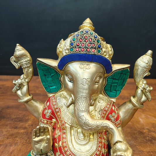 Brassauraยฎ Handcrafted Brass Lord Ganesha Idol with Stone Inlay Work | Premium Ganpati Statue for Home Temple, Living Room & Office Dรฉcor | 9 Inches | 5.7 Kg