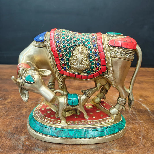 Brassaura® Handmade Brass Kamadhenu Cow with Calf Statue | Inlaid Stone Decorative Idol | Sacred Cow & Calf Murti for Home, Pooja Room, Temple & Vastu | 7 Inch | 3.8 Kg