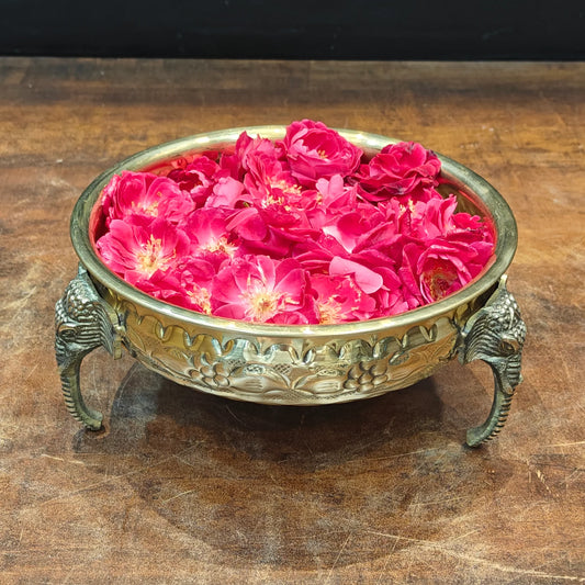 Brassaura® Handmade Brass Urli Bowl with Elephant Legs | Decorative Flower Urli for Home Entrance, Living Room & Pooja Décor | Height 3.8 Inches | 0.70 Kg