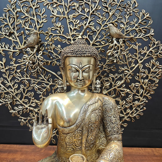 Brassaura® Handcrafted Brass Buddha Idol with Bodhi Tree | Premium Large Buddha Statue for Home, Living Room, Office, Temple & Meditation Décor | 32 Inches | 32 Kg