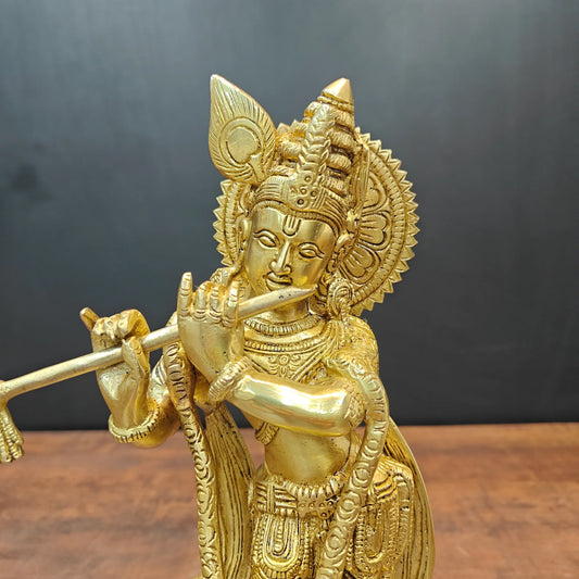 Brassaura® Brass Lord Krishna Playing Flute Statue | Traditional Standing Krishna Murti | Elegant Brass Sculpture for Home Temple, Décor & Spiritual Spaces | 11.5 Inches | 2.7 Kg