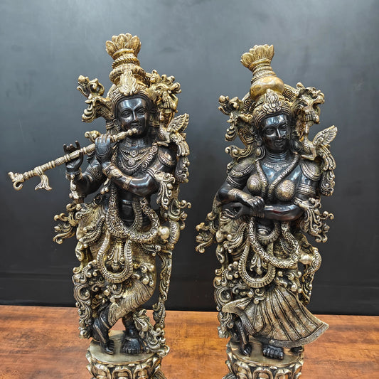 ब्रासोरा® वृंदावन वेणुगोपाल कृष्ण पीतल की प्रतिमा मोर के साथ | एंटीक नीला और सुनहरा रंग | ऊँचाई 20 इंच