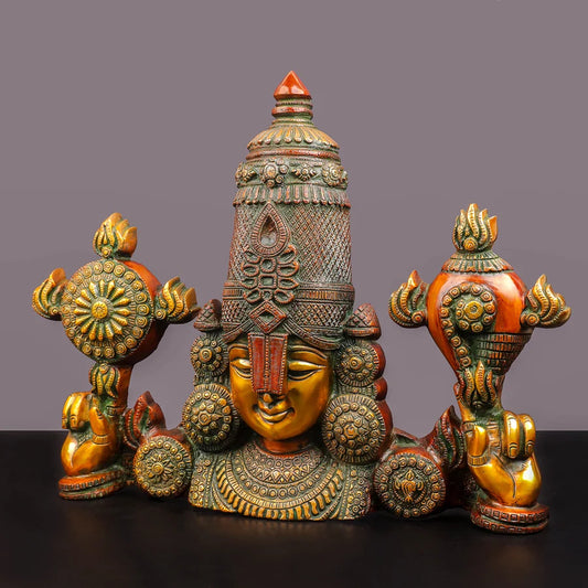 Brassaura® Lord Venkateshwara Tirupati Balaji Face Wall Hanging with Multi-Color Finish | Pure Superfine Brass Handcrafted Murti | Brass Statue for Home Temple, Pooja Room | Height 15 Inches | Weight 10.7 Kgs